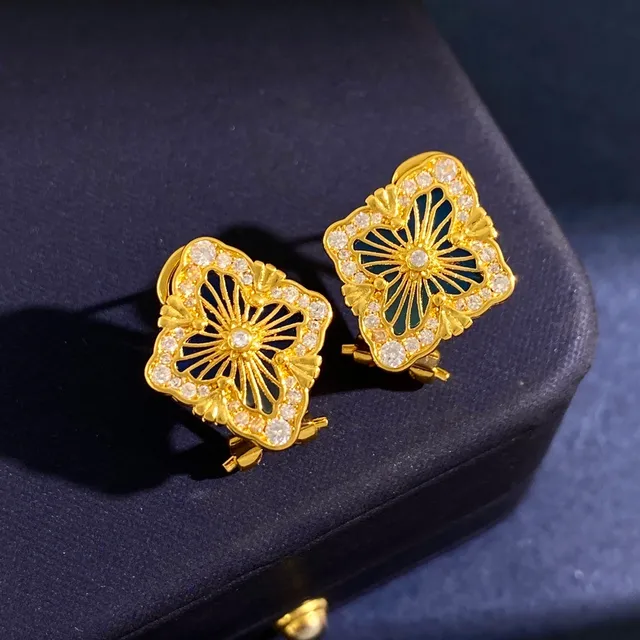 Gold-Tone Floral Quatrefoil Pavé Crystal Enamel Clip-On Earrings 3