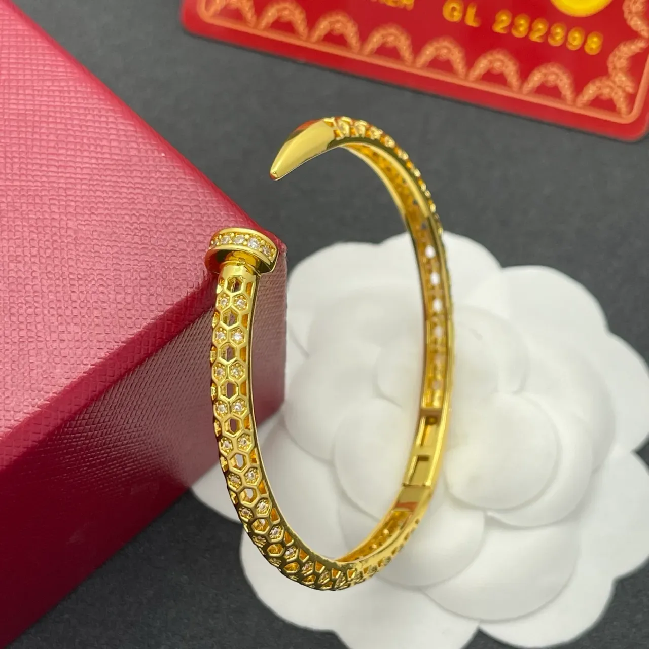 Gold-Tone Hexagonal Pavé Nail-Head Open Cuff Bracelet 4