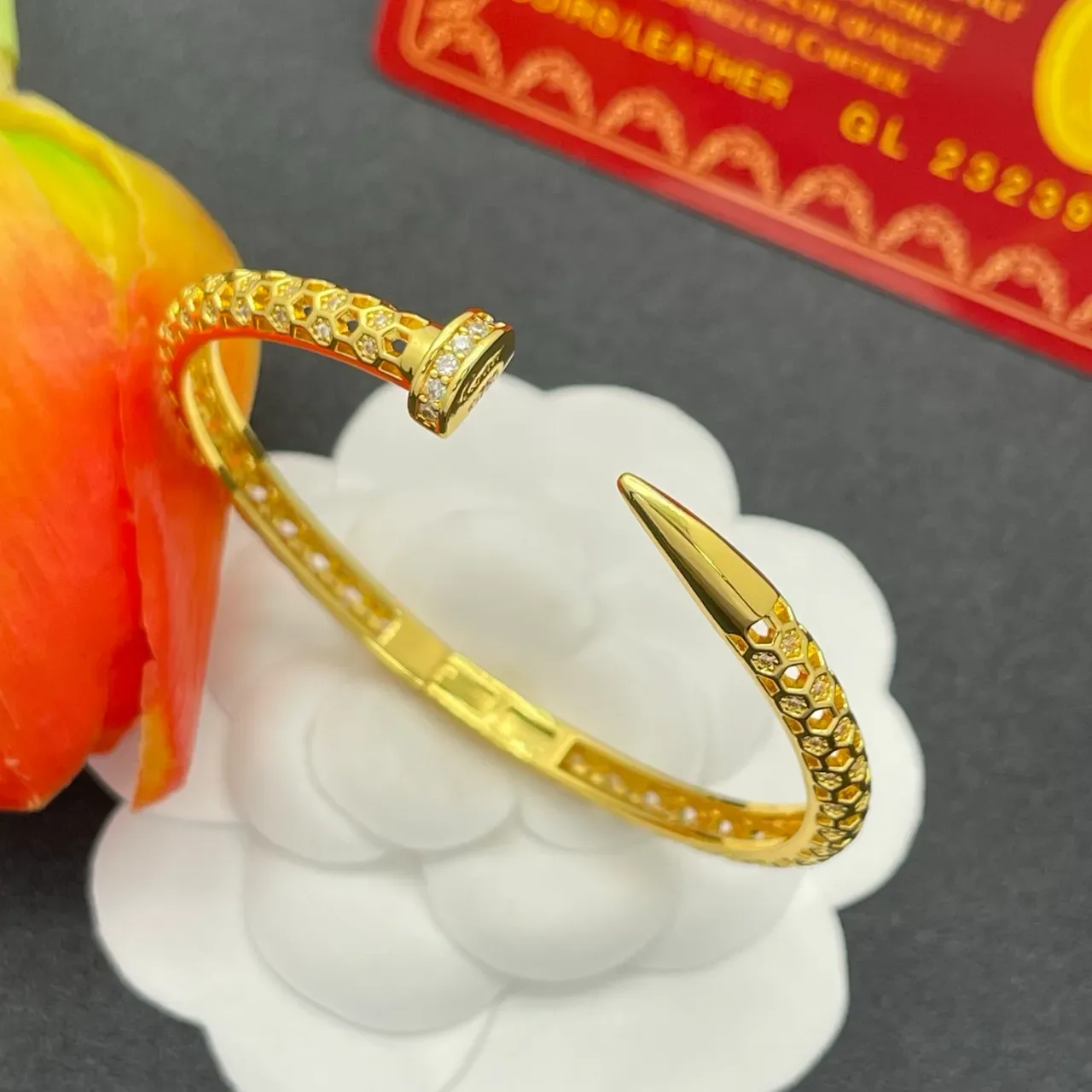 Gold-Tone Hexagonal Pavé Nail-Head Open Cuff Bracelet 5