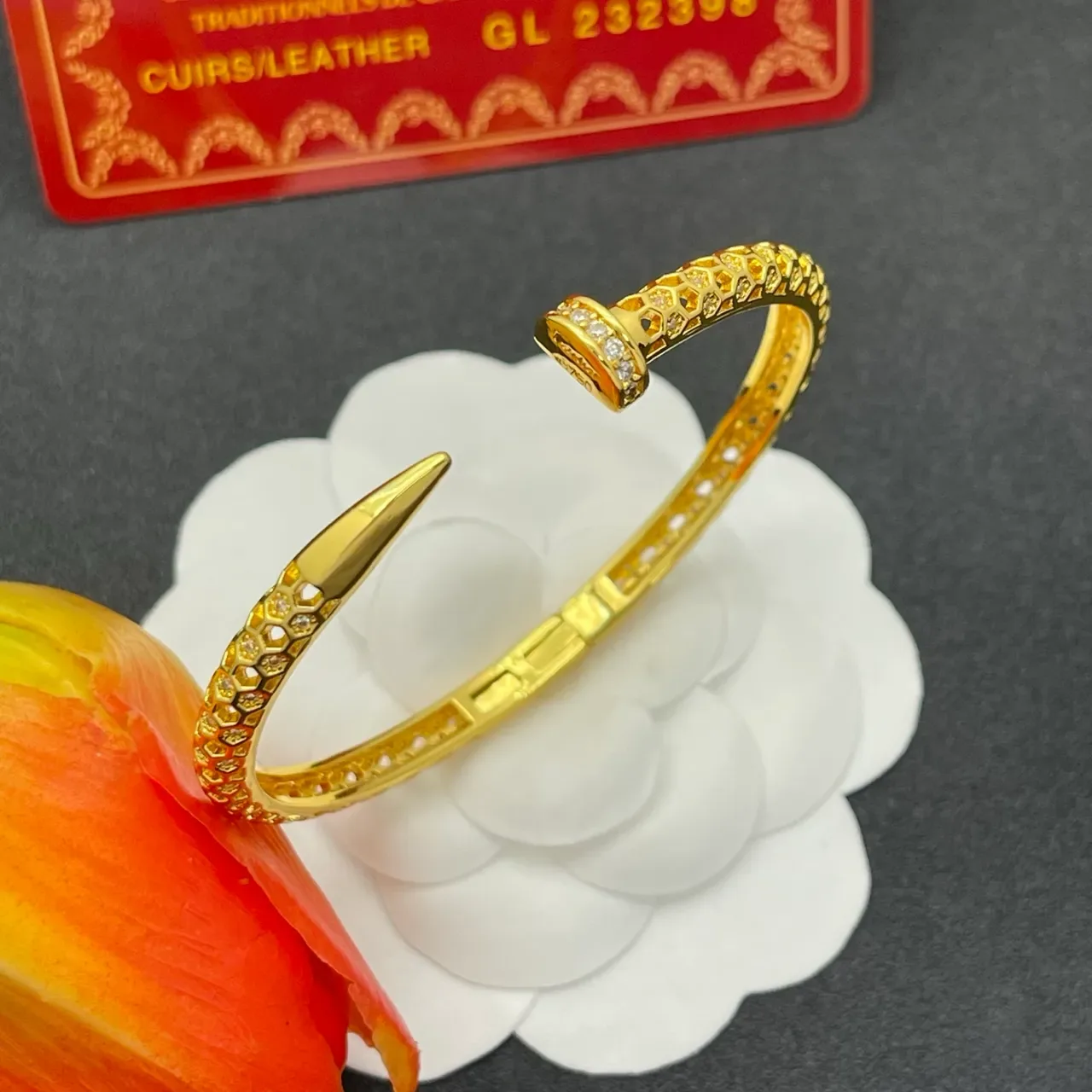Gold-Tone Hexagonal Pavé Nail-Head Open Cuff Bracelet 6