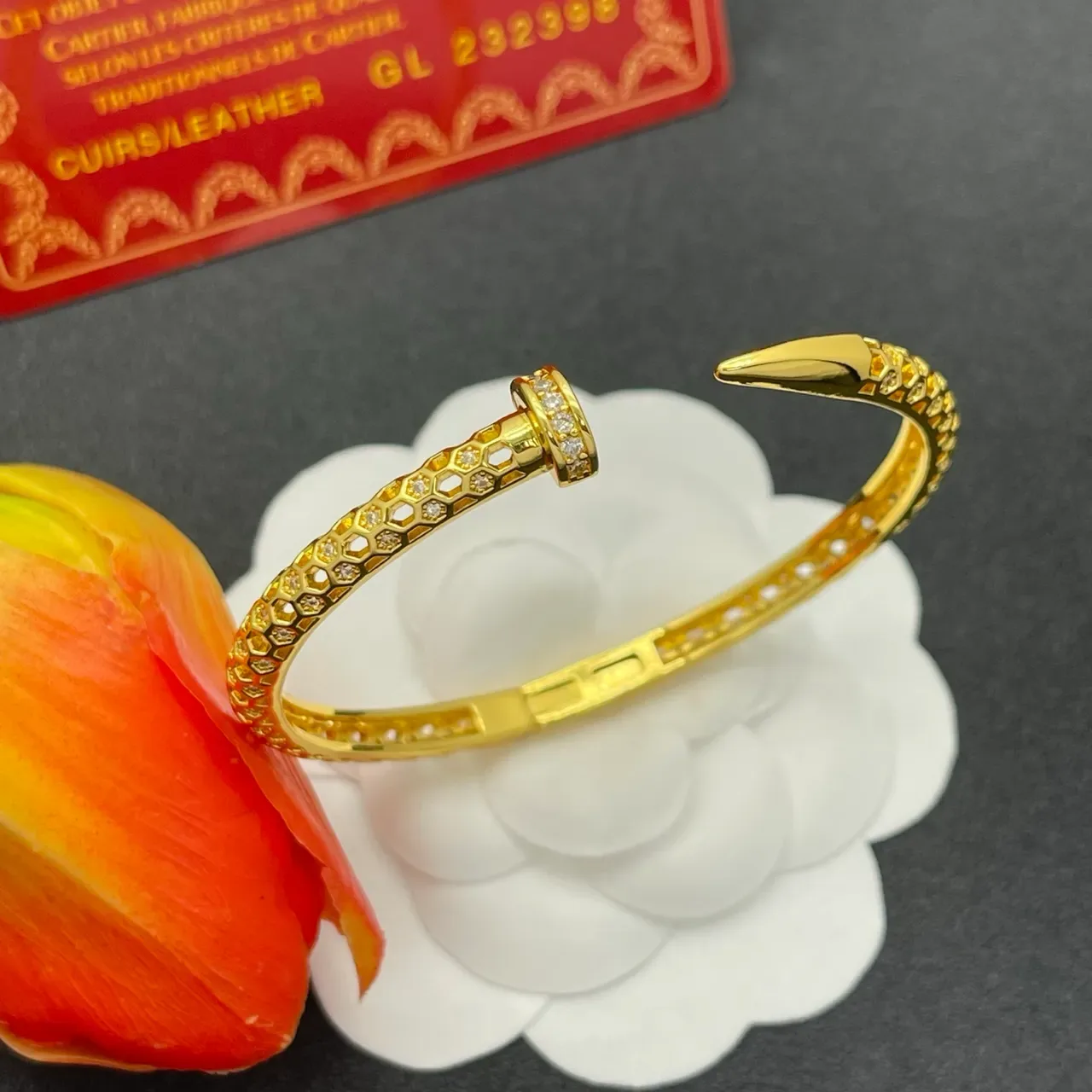 Gold-Tone Hexagonal Pavé Nail-Head Open Cuff Bracelet 7