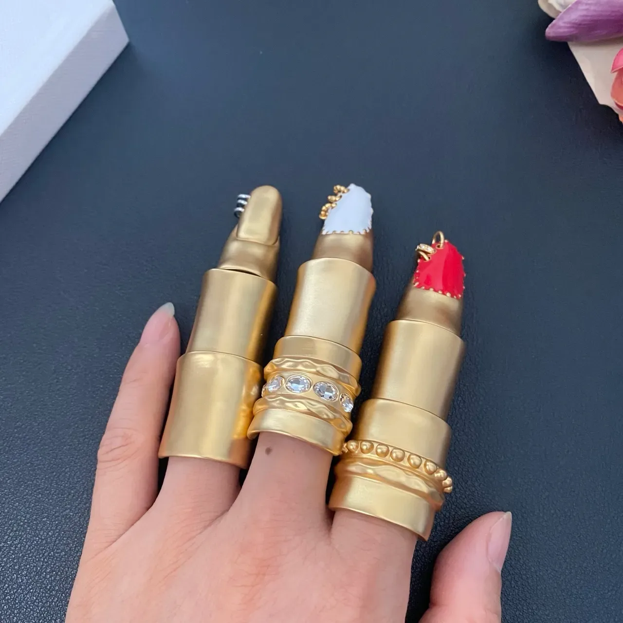 Gold-Tone Lipstick-Shaped Enamel and Crystal Brooches 2