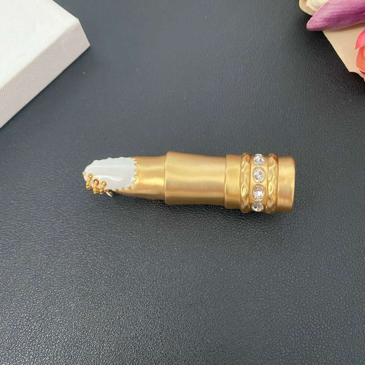 Gold-Tone Lipstick-Shaped Enamel and Crystal Brooches 5