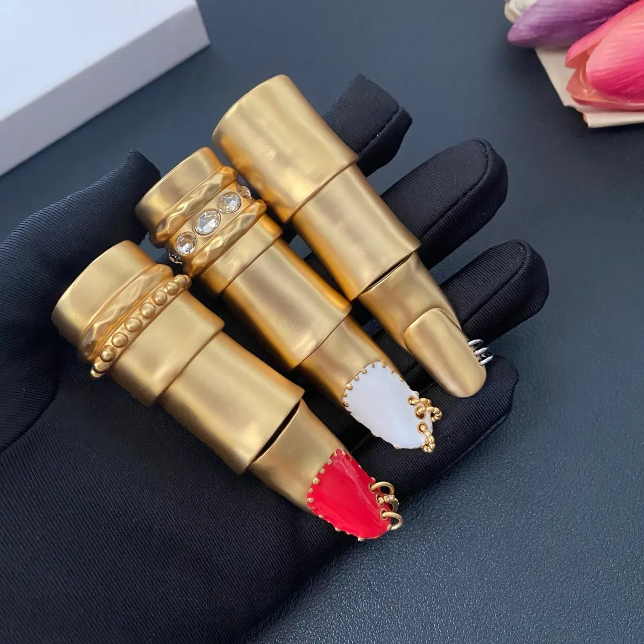 Gold-Tone Lipstick-Shaped Enamel and Crystal Brooches 8