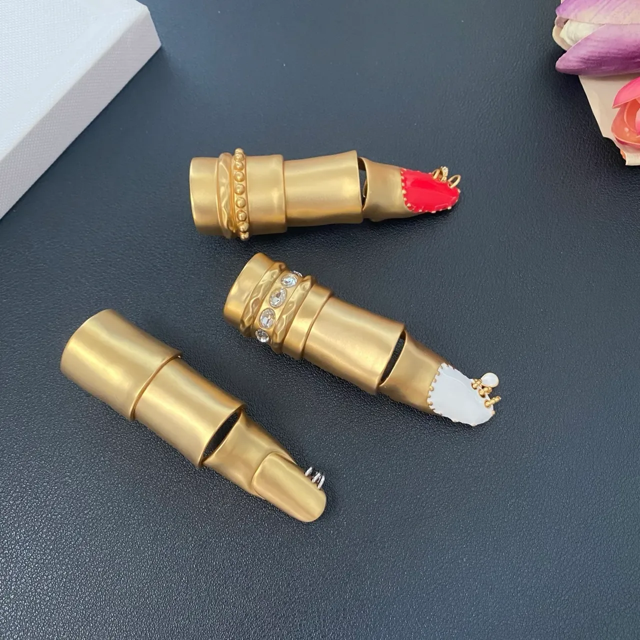 Gold-Tone Lipstick-Shaped Enamel and Crystal Brooches 9