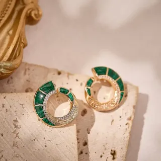 Gold-Tone Malachite Inlay Pavé Crystal Open Hoop Earrings