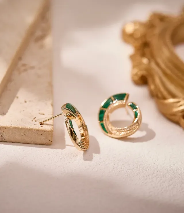 Gold-Tone Malachite Inlay Pavé Crystal Open Hoop Earrings 2