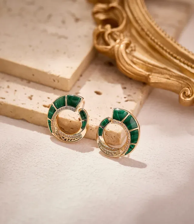 Gold-Tone Malachite Inlay Pavé Crystal Open Hoop Earrings 4