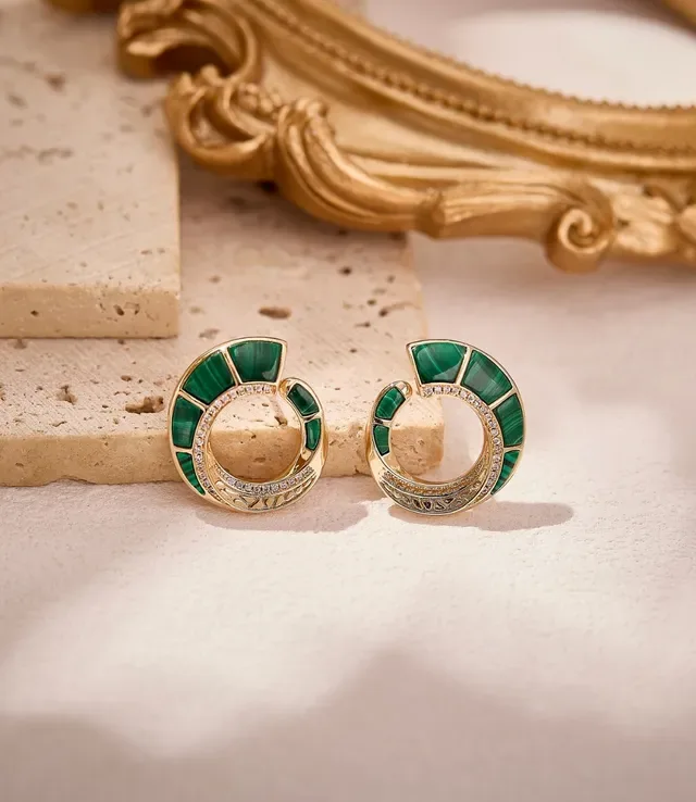 Gold-Tone Malachite Inlay Pavé Crystal Open Hoop Earrings 5