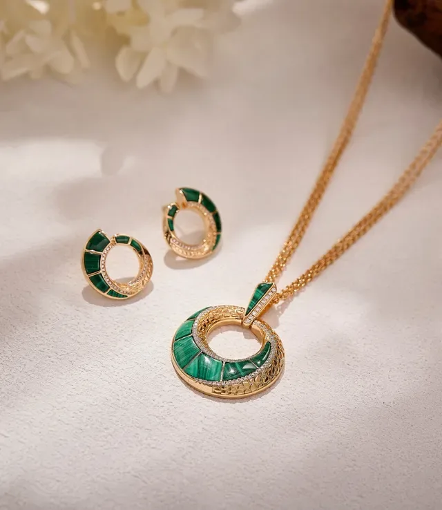 Gold-Tone Malachite Inlay Pavé Crystal Open Hoop Earrings 6