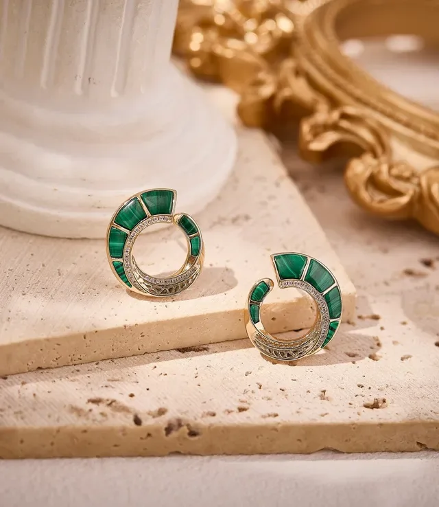 Gold-Tone Malachite Inlay Pavé Crystal Open Hoop Earrings 7