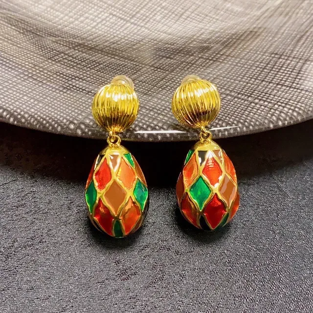 Gold-Tone Multicolor Enamel Geometric Teardrop Drop Earrings 1