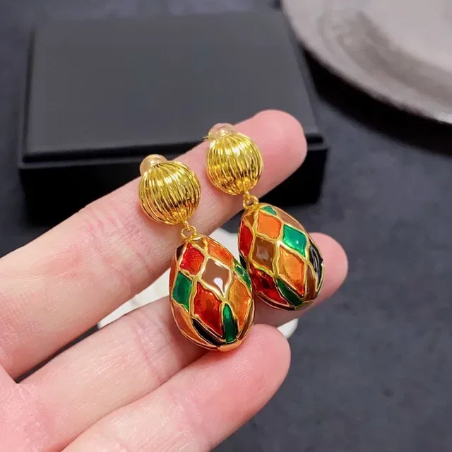 Gold-Tone Multicolor Enamel Geometric Teardrop Drop Earrings 2