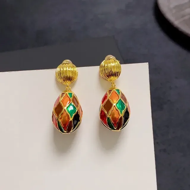 Gold-Tone Multicolor Enamel Geometric Teardrop Drop Earrings 4