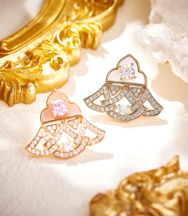 Gold-Tone Pavé Diamond and Pink Enamel Earring 7