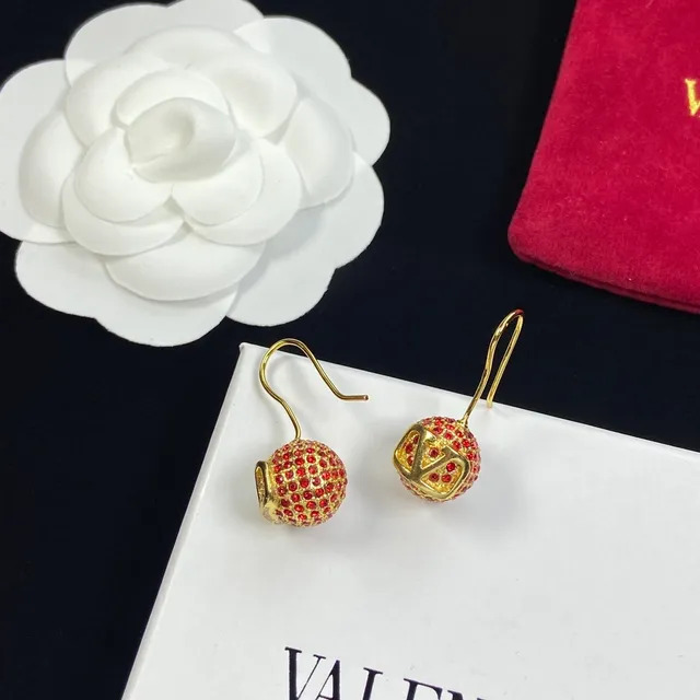 Gold-Tone Pavé Red Stone Spherical Dangle Earrings 2