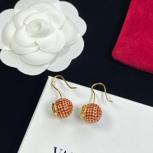 Gold-Tone Pavé Red Stone Spherical Dangle Earrings 3