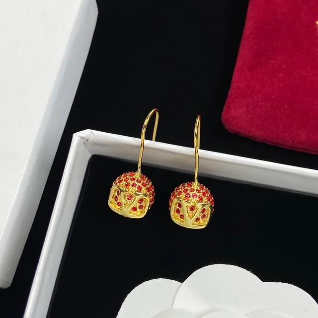 Gold-Tone Pavé Red Stone Spherical Dangle Earrings 6
