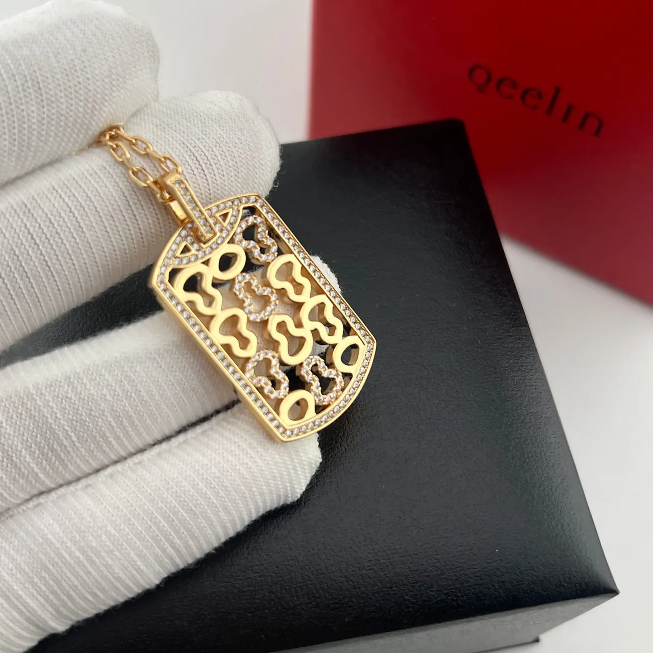 Gold-Tone Pavé Wave Motif Dog-Tag Pendant Necklace 4