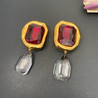 Gold-Tone Red and Transparent Faceted Drop Earrings