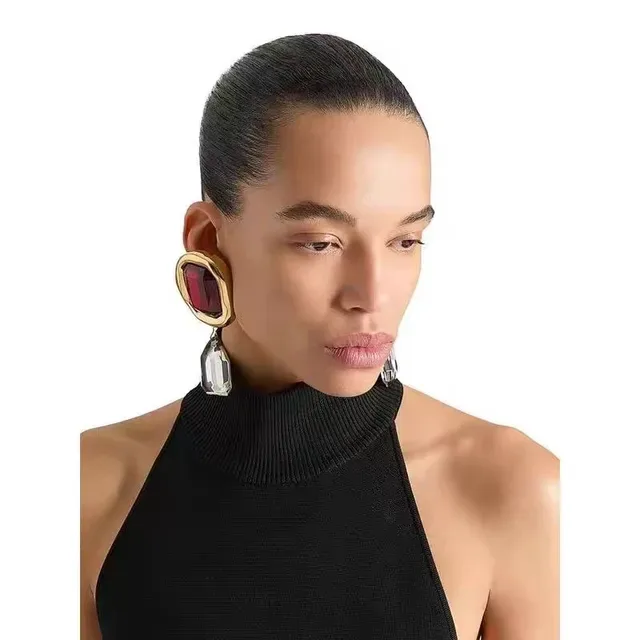 Gold-Tone Red and Transparent Faceted Drop Earrings 2