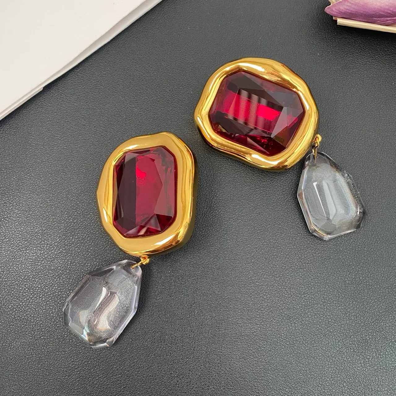 Gold-Tone Red and Transparent Faceted Drop Earrings 5