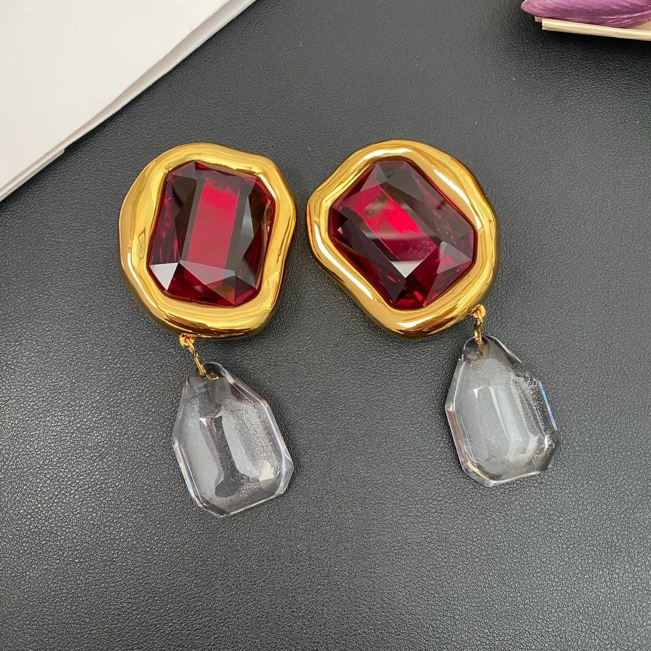 Gold-Tone Red and Transparent Faceted Drop Earrings 6