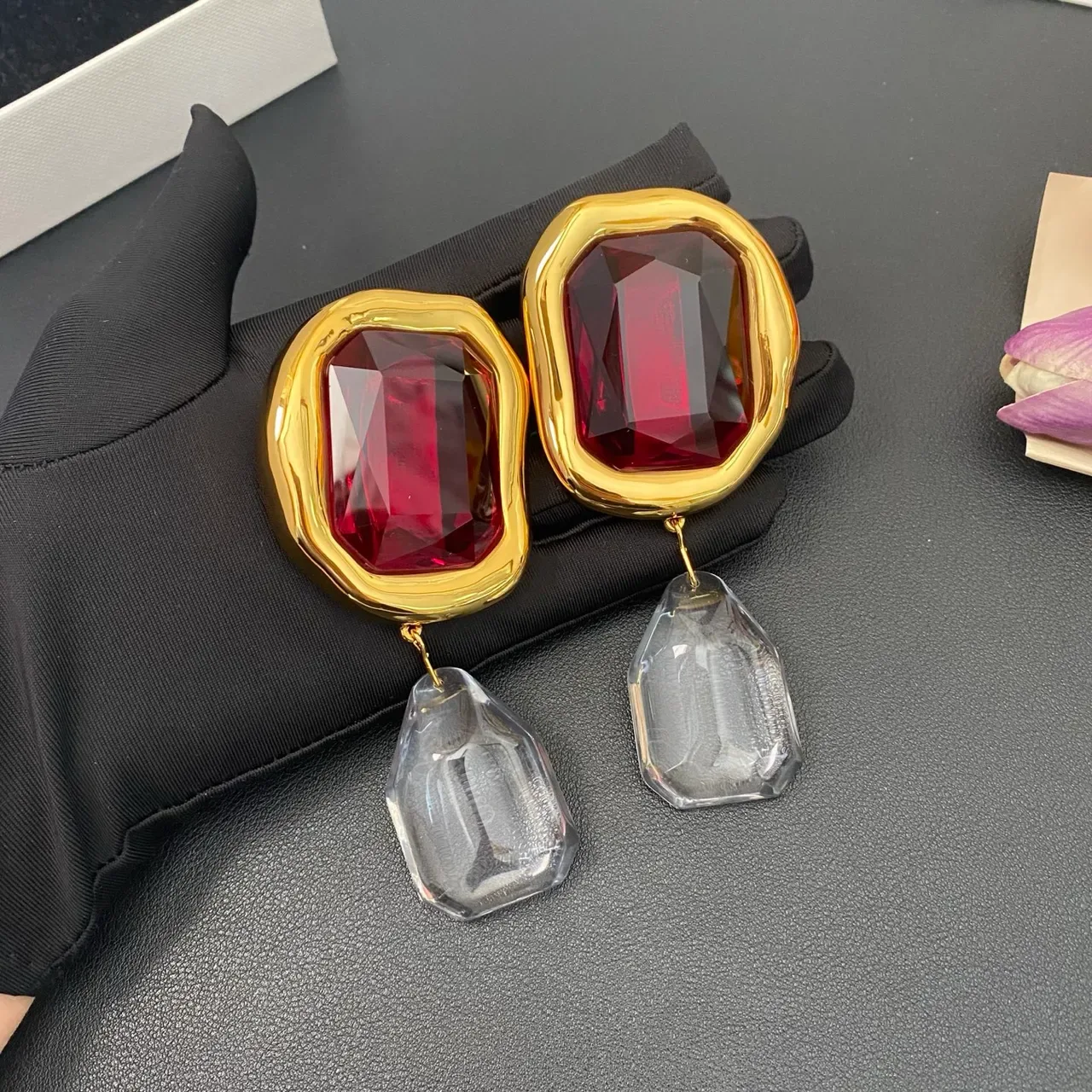 Gold-Tone Red and Transparent Faceted Drop Earrings 7