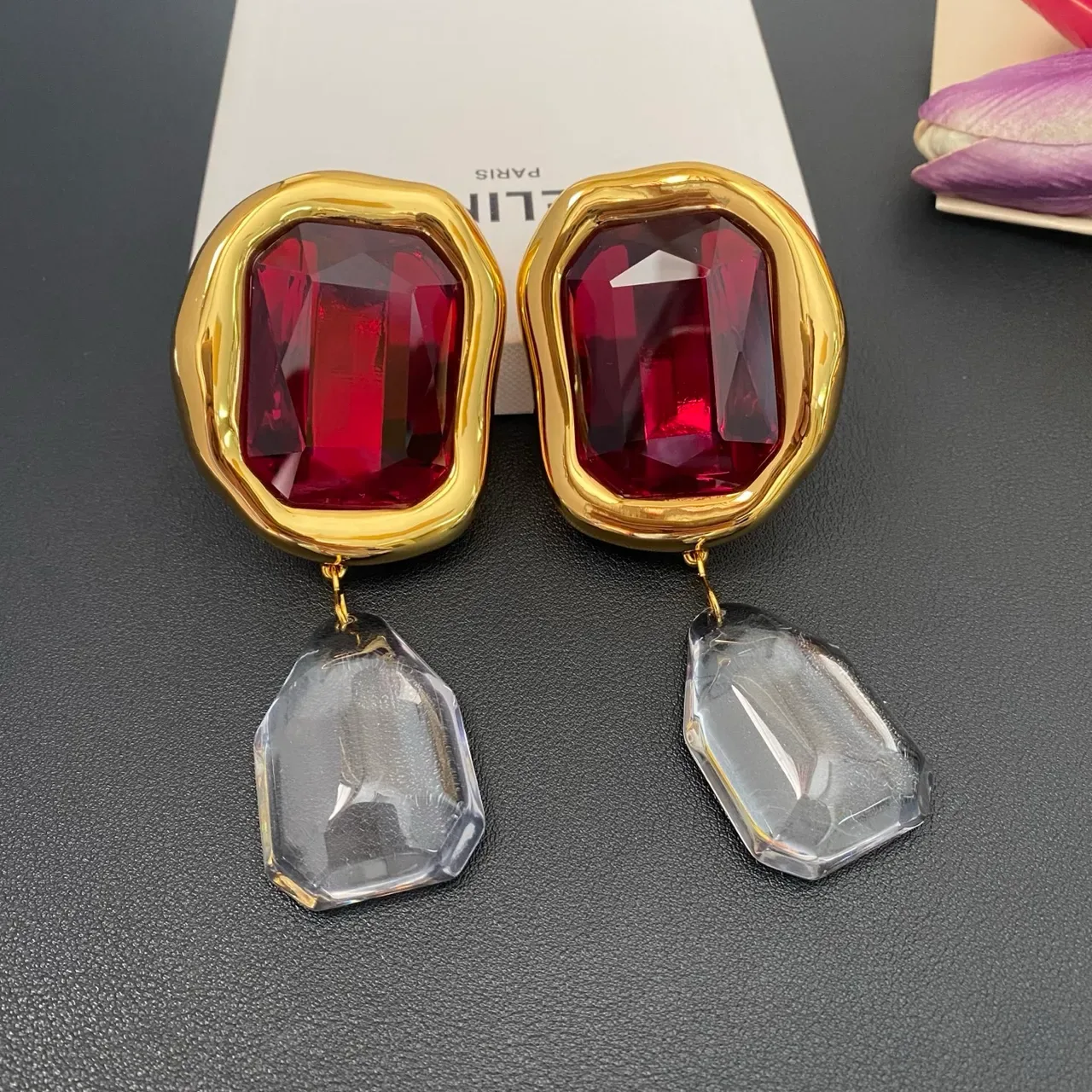 Gold-Tone Red and Transparent Faceted Drop Earrings 8