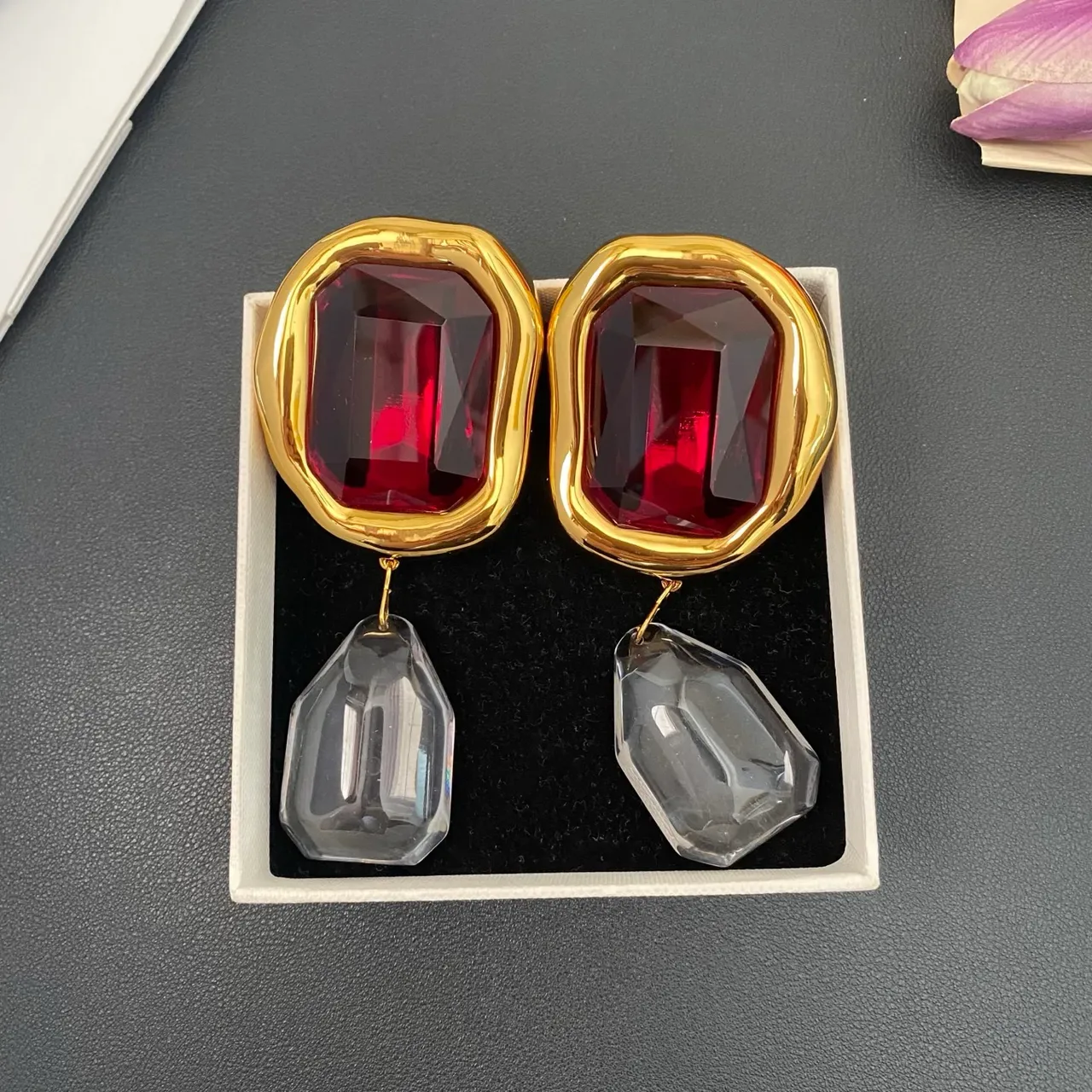 Gold-Tone Red and Transparent Faceted Drop Earrings 10
