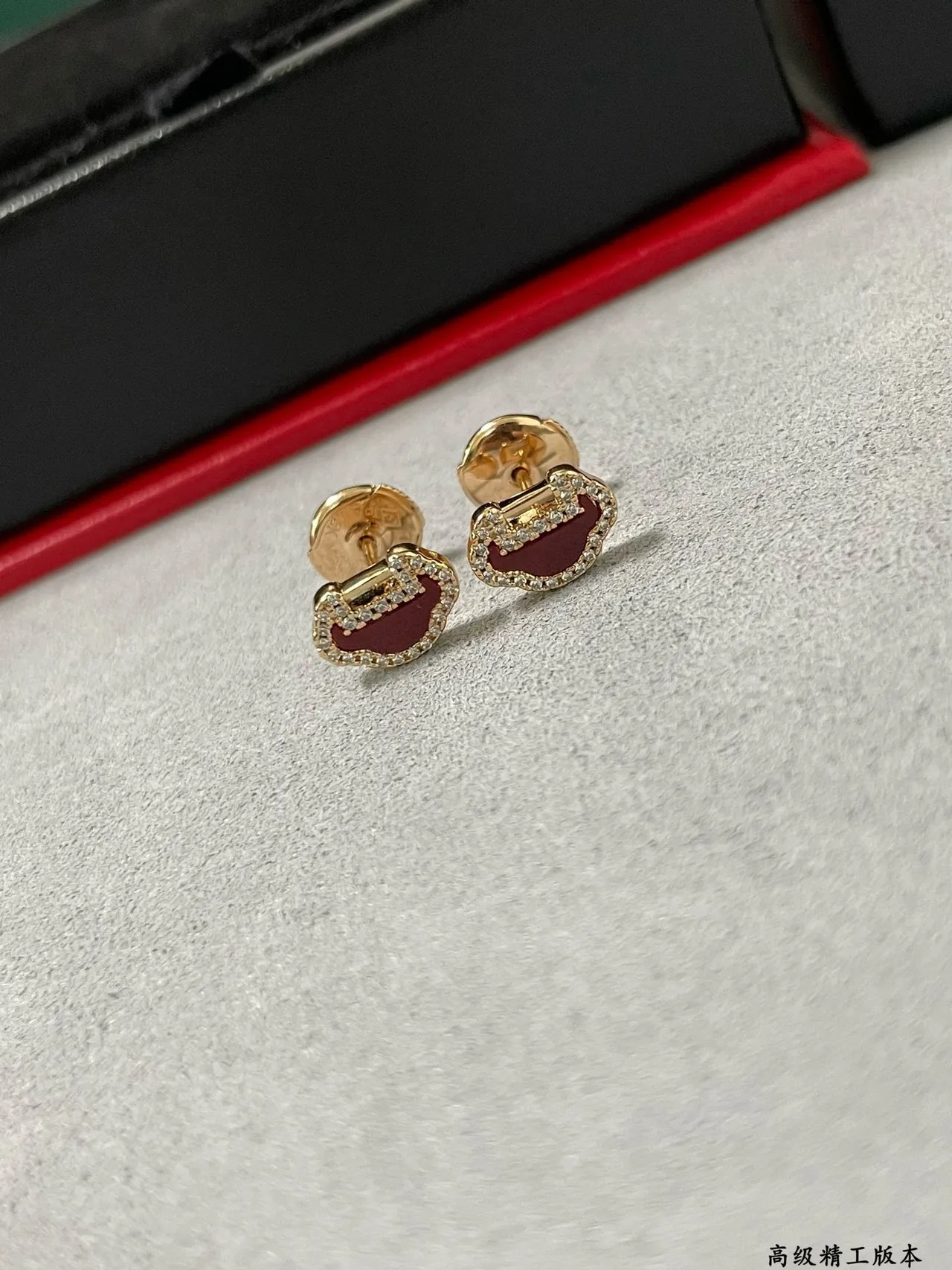 Gold-Tone Red Enamel Pavé Lock Motif Stud Earrings 8