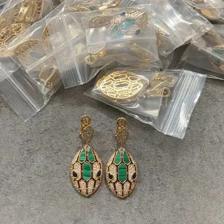 Gold-Tone Snake-Scale Malachite Inlay Pavé Crystal Drop Earrings