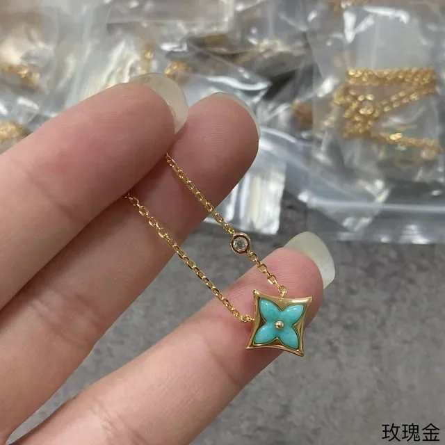 Gold-Tone Square Floral Turquoise Enamel Pendant Necklace 2