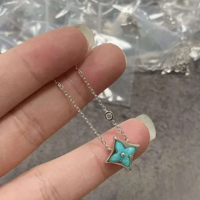 Gold-Tone Square Floral Turquoise Enamel Pendant Necklace 3