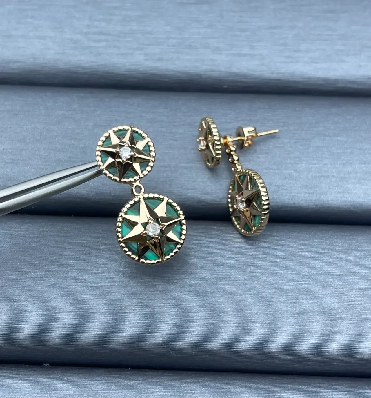 Gold-Tone Starburst Malachite Inlay Double-Tier Earrings 2