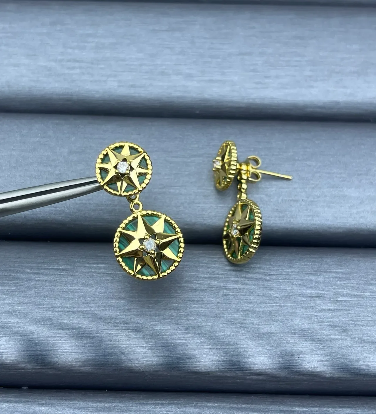 Gold-Tone Starburst Malachite Inlay Double-Tier Earrings 4