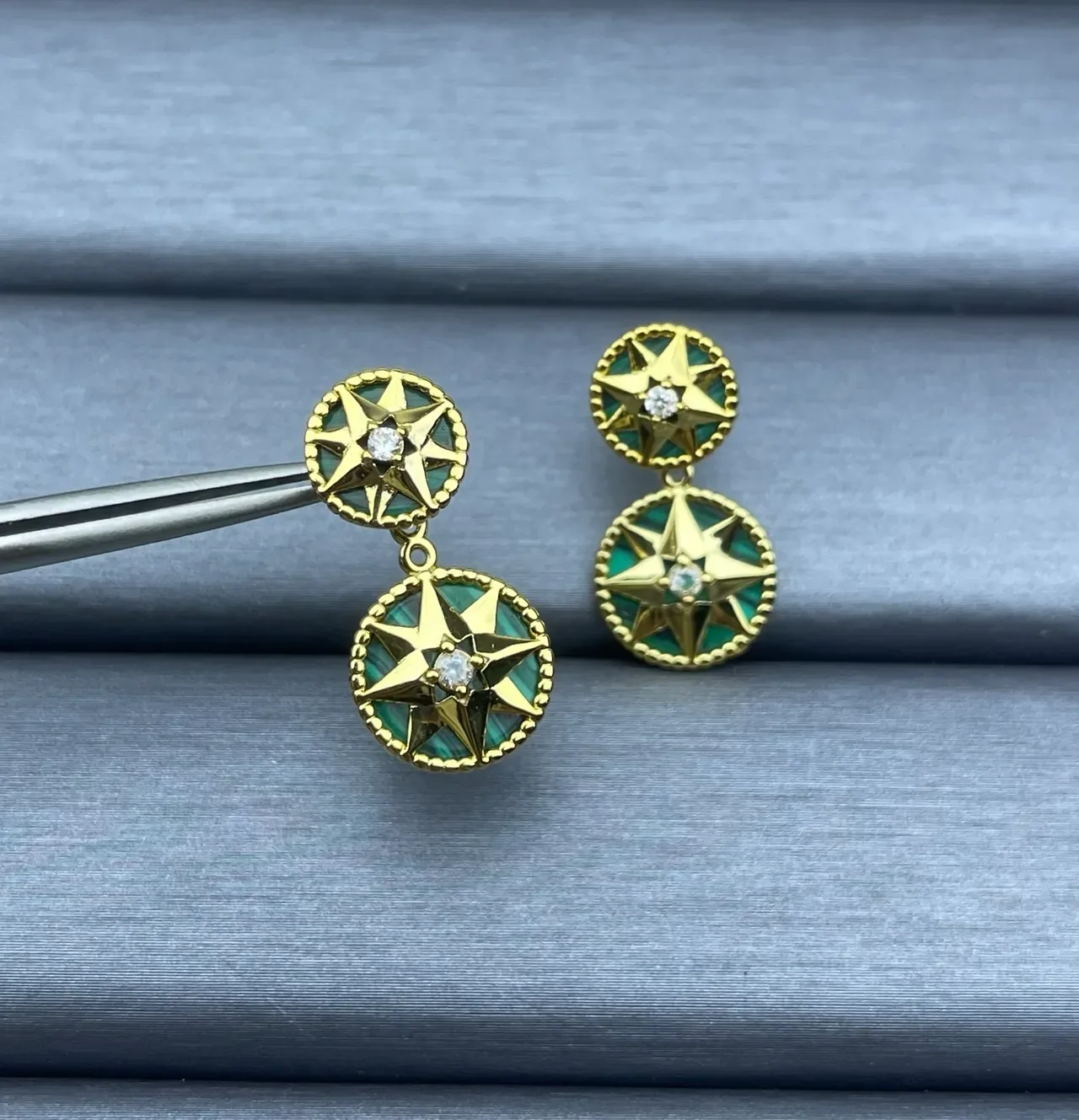 Gold-Tone Starburst Malachite Inlay Double-Tier Earrings 5