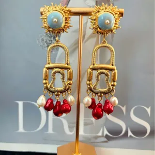 Gold-Tone Sunburst Lock Motif Pearl and Red Bead Dangling Earrings