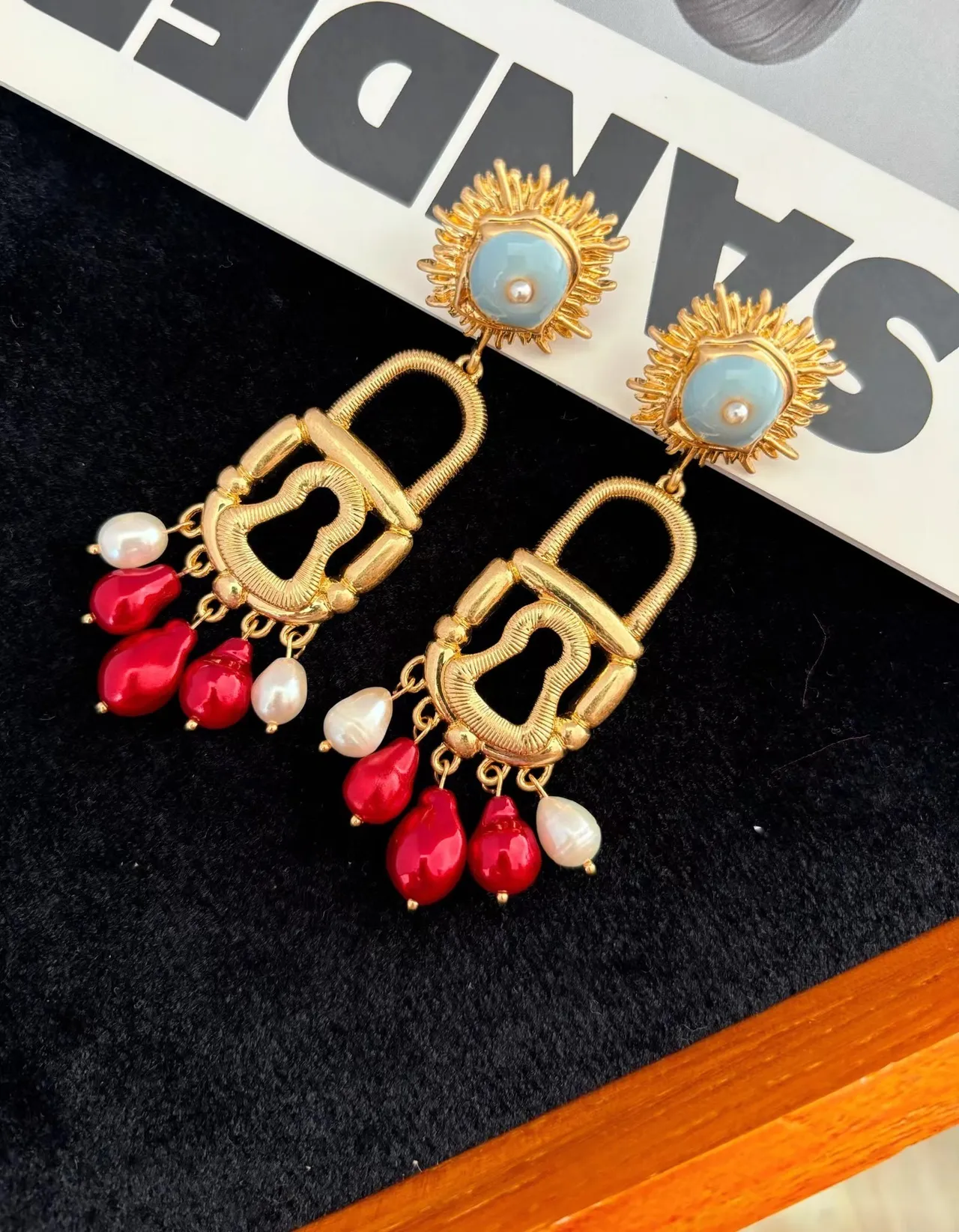 Gold-Tone Sunburst Lock Motif Pearl and Red Bead Dangling Earrings 2