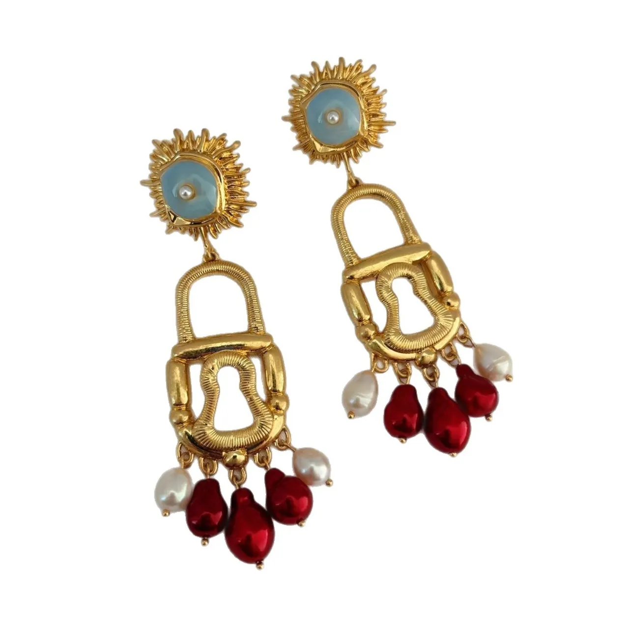 Gold-Tone Sunburst Lock Motif Pearl and Red Bead Dangling Earrings 3