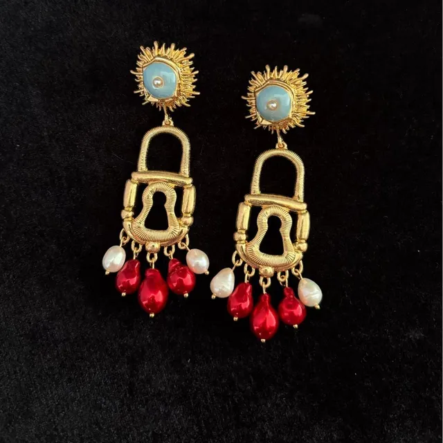 Gold-Tone Sunburst Lock Motif Pearl and Red Bead Dangling Earrings 4