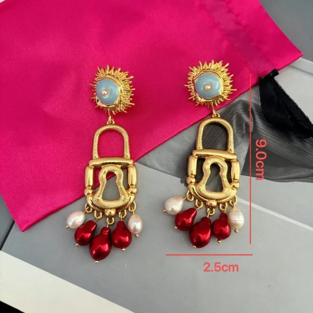 Gold-Tone Sunburst Lock Motif Pearl and Red Bead Dangling Earrings 5