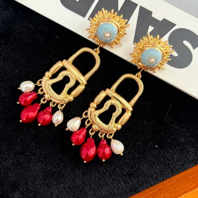 Gold-Tone Sunburst Lock Motif Pearl and Red Bead Dangling Earrings 6