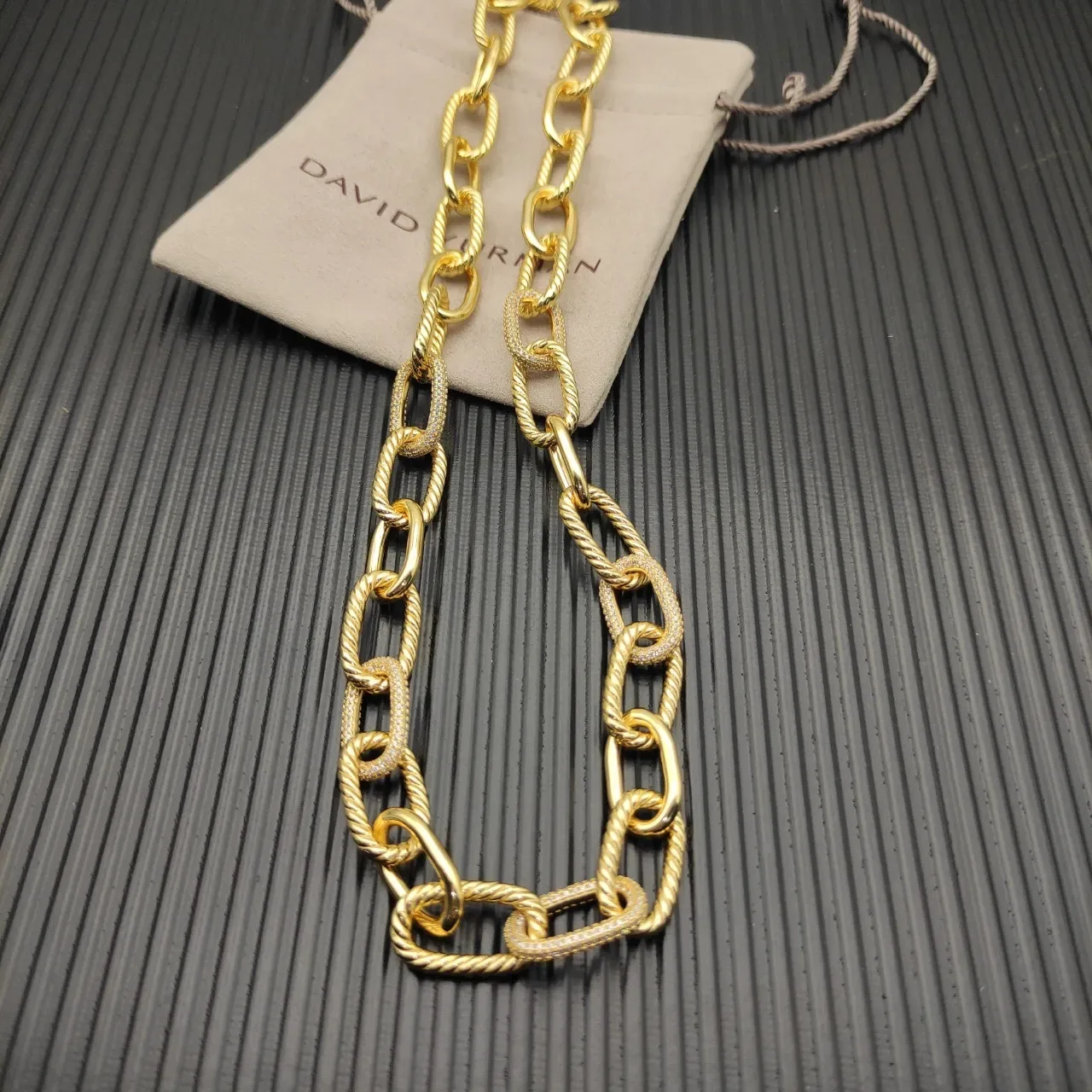 Gold-Tone Twisted Rope and Pavé Link Necklace 2