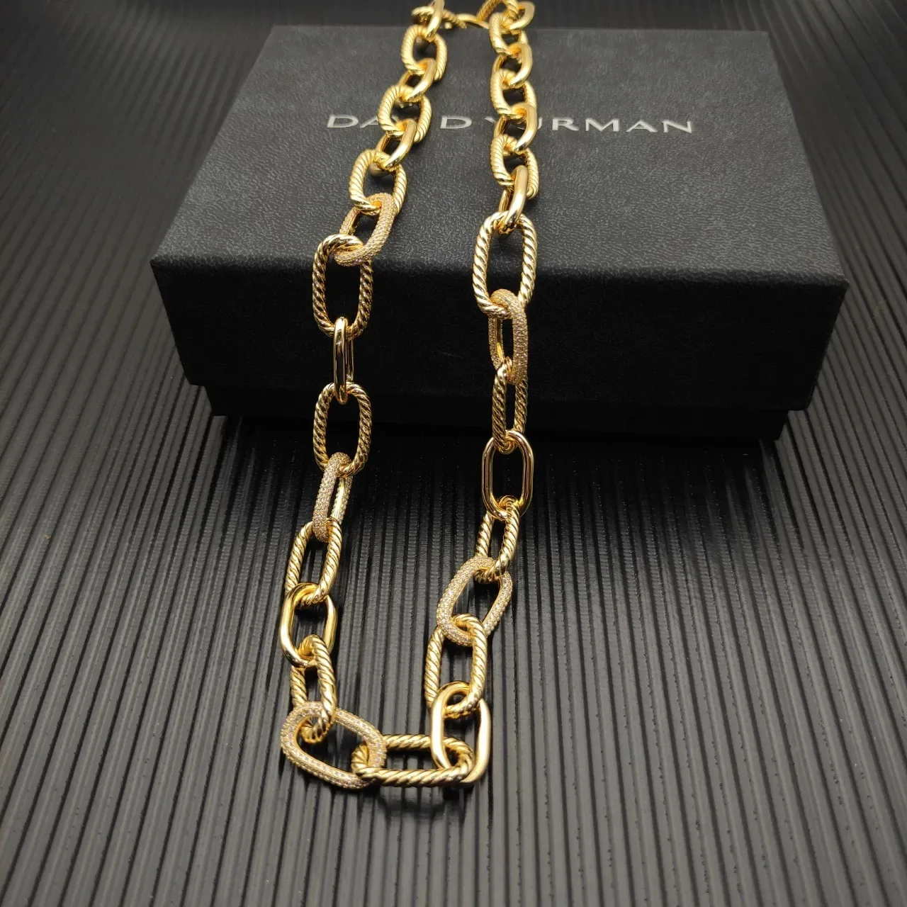 Gold-Tone Twisted Rope and Pavé Link Necklace 3