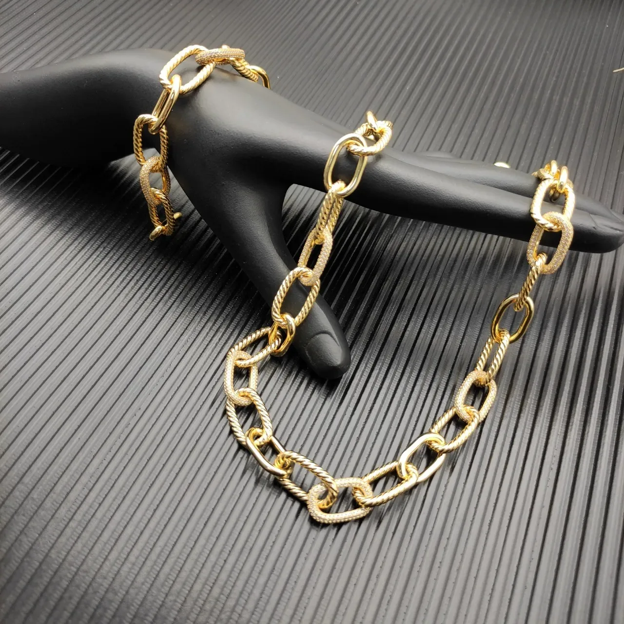 Gold-Tone Twisted Rope and Pavé Link Necklace 6