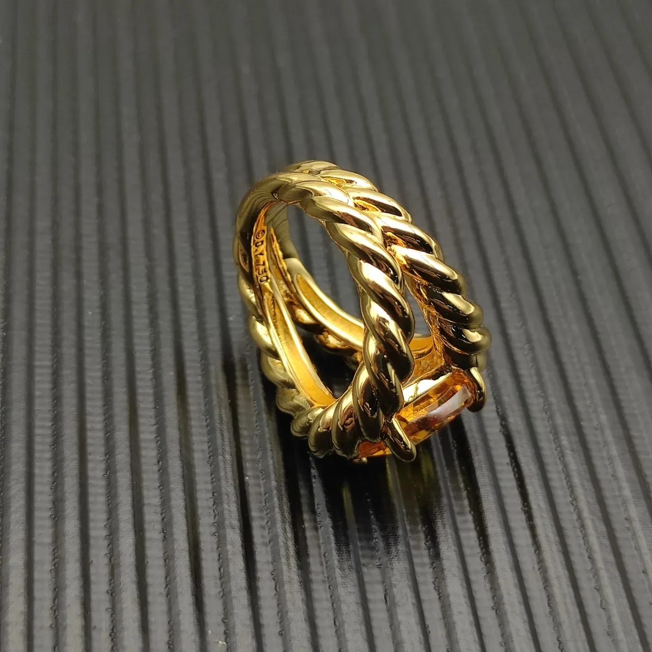 Gold-Tone Twisted Rope Band Cushion-Cut Amber Gemstone Ring 6