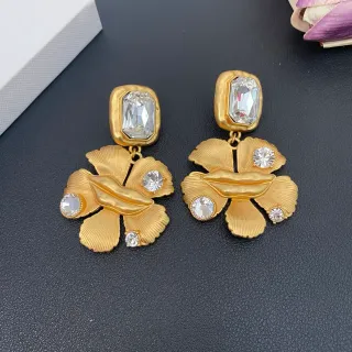 Gold Transparent Floral Drop Faceted Crystal Accents Earrings