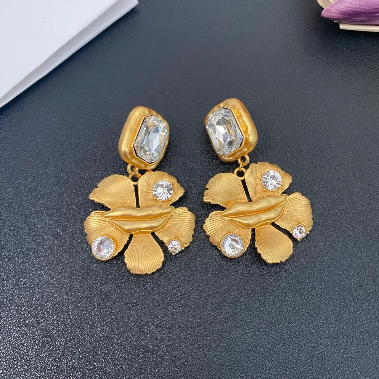 Gold Transparent Floral Drop Faceted Crystal Accents Earrings 2