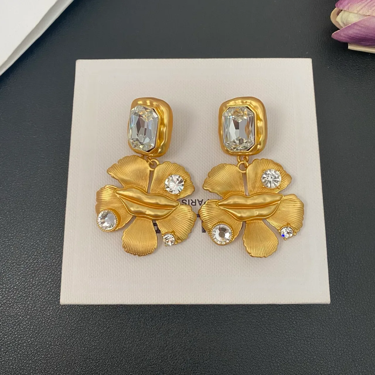 Gold Transparent Floral Drop Faceted Crystal Accents Earrings 4